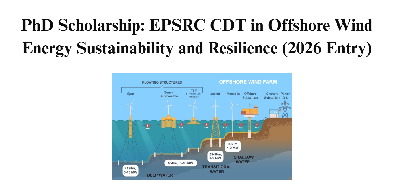 PhD Scholarship: EPSRC CDT in Offshore Wind Energy Sustainability and Resilience (2026 Entry)